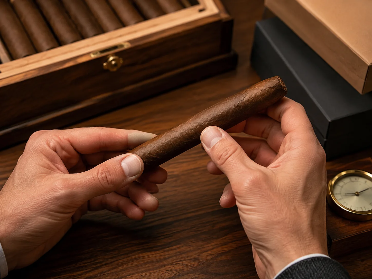 選購時可檢查茄衣、盒裝標示與保存環境,但不能只靠單一外觀判斷。圖片由 Rosemama-san 原創生成。