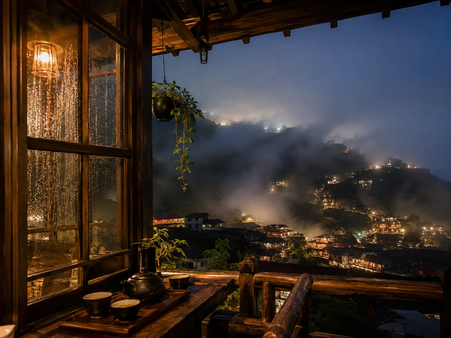 九份入夜後的山城層次來自燈火、石階與遠方海景,慢走比趕景點更適合約會。圖片由 Rosemama-san 原創生成。