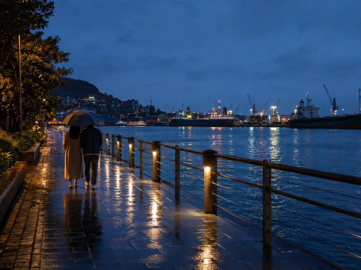 基隆的夜晚可把廟口小吃與港邊散步接在一起，雨後反光更有港都氣氛。圖片由 Rosemama-san 原創生成。