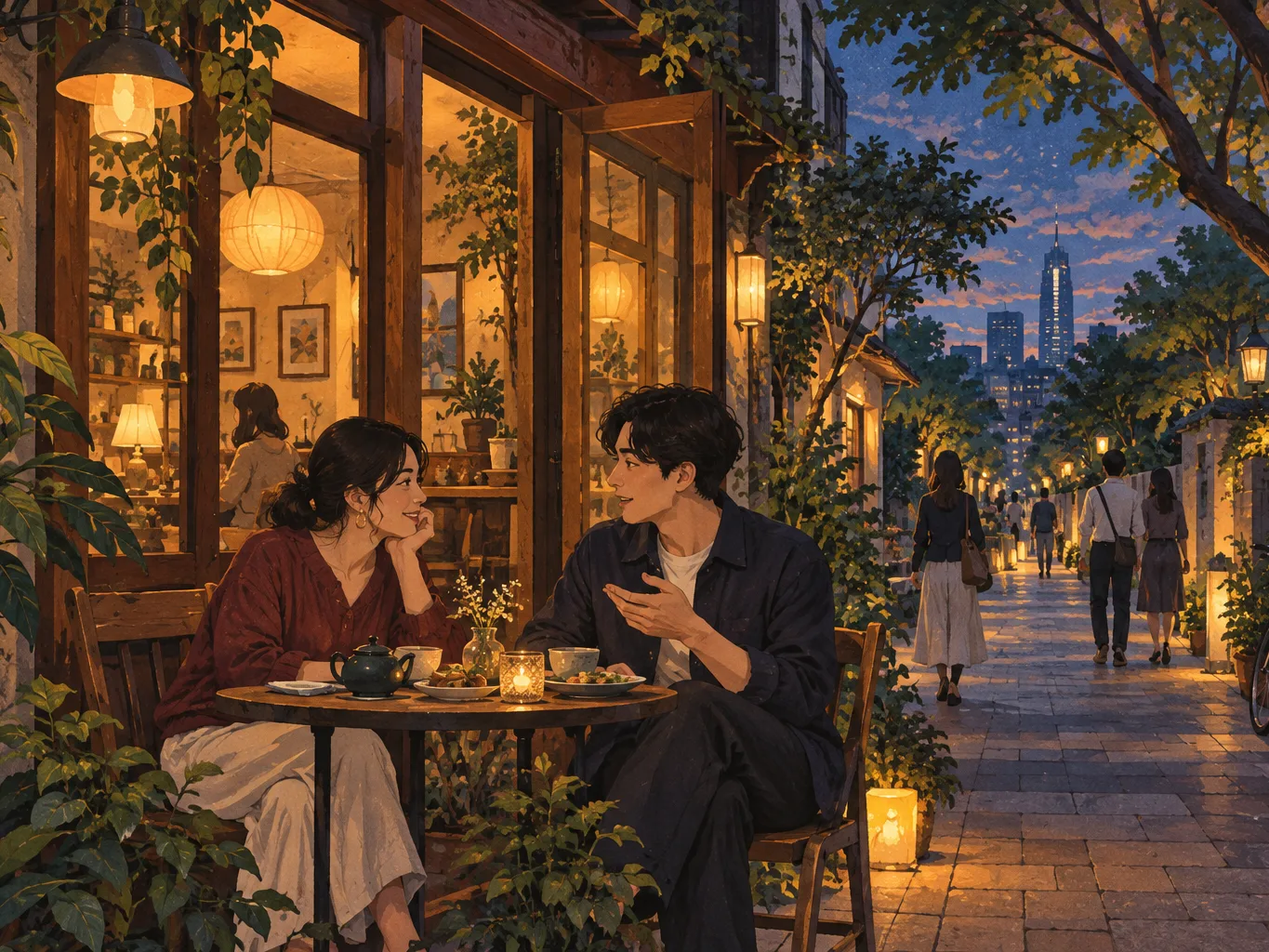 晚餐後坐下聊天的城市夜間情境(示意圖,非店家實景)。