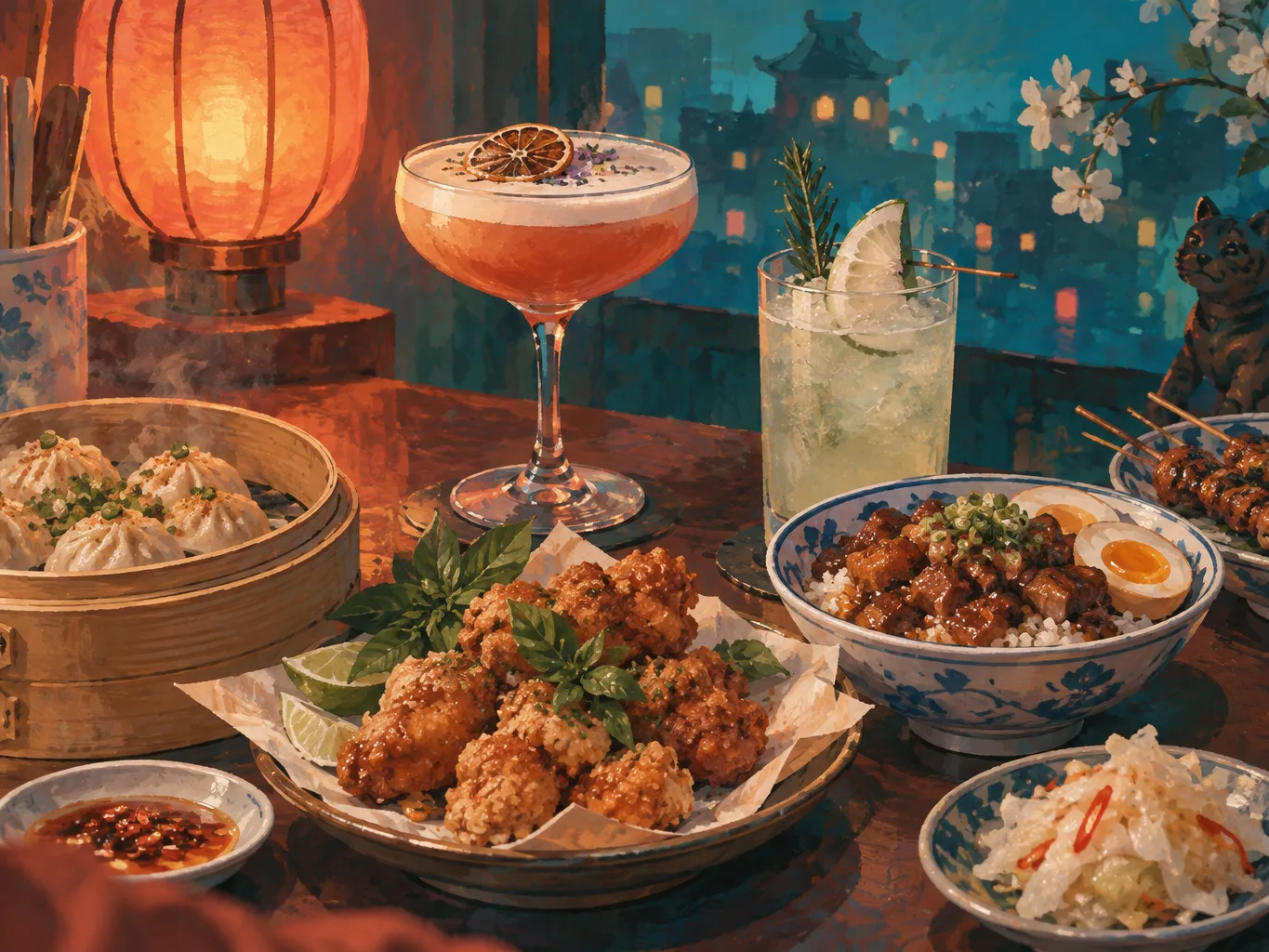 夜間飲食與音樂文化主題插畫。