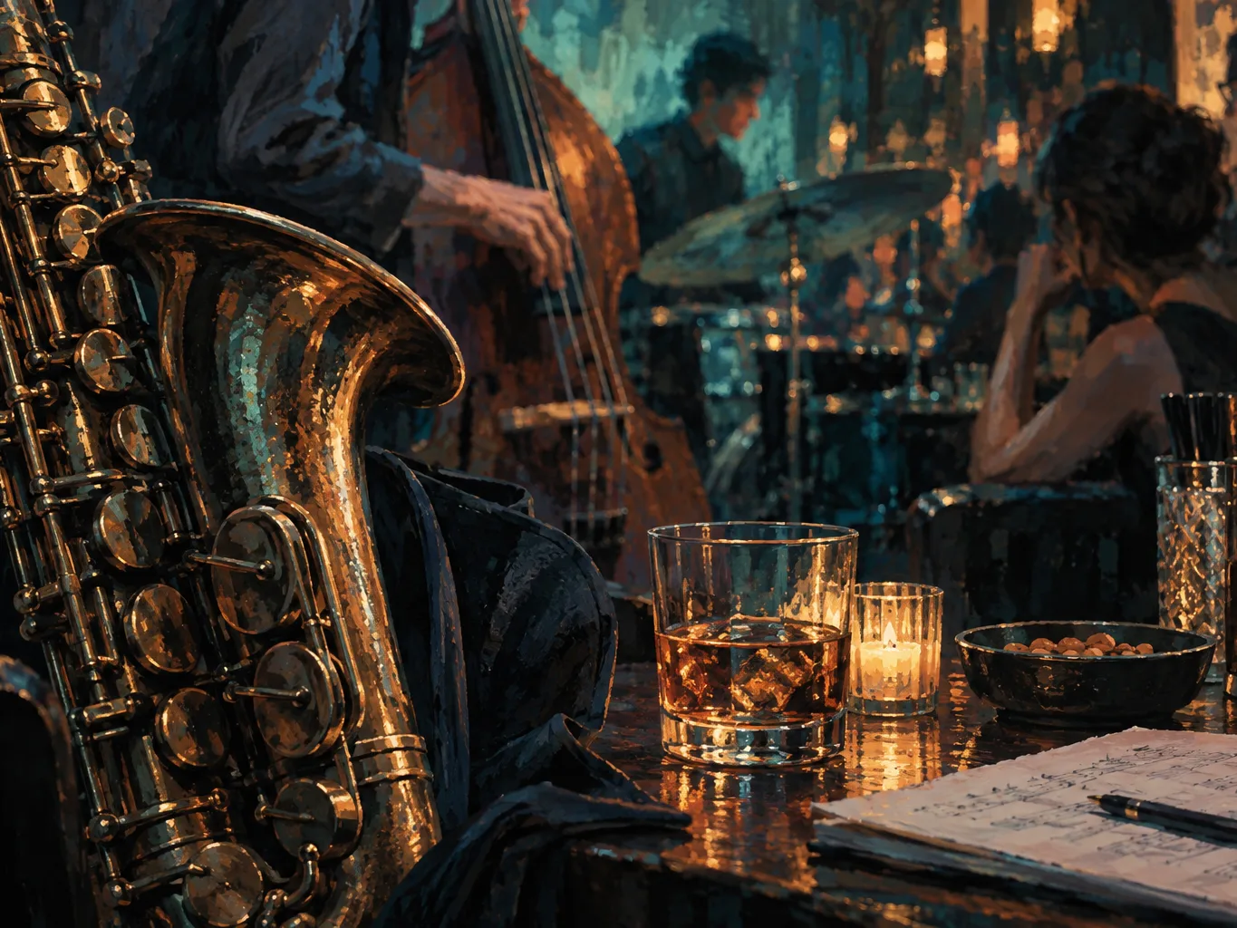 夜間飲食與音樂文化主題插畫。
