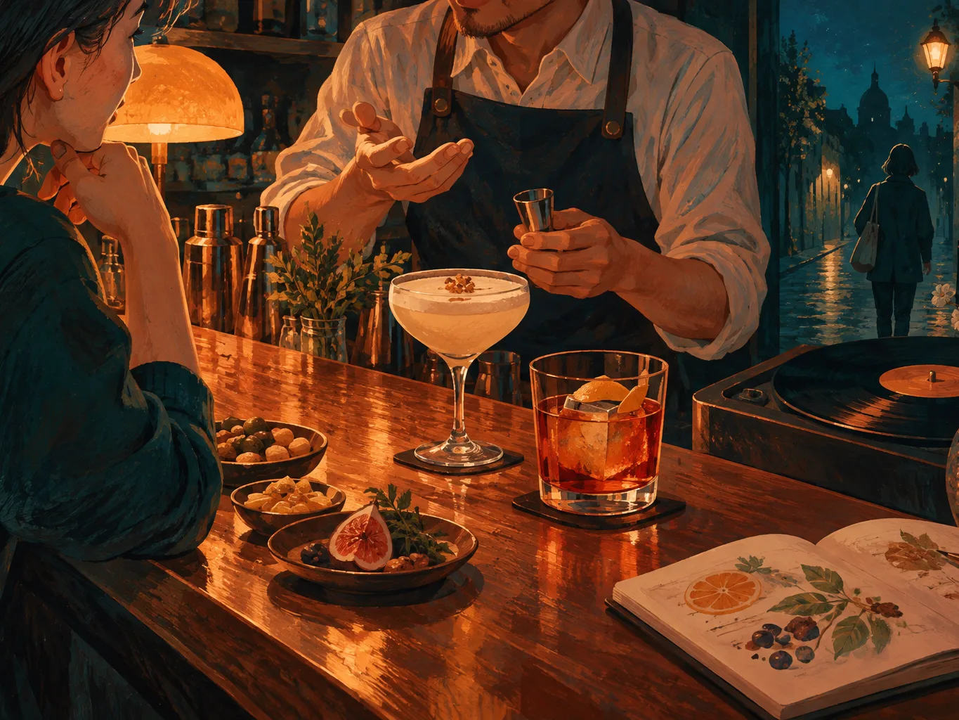 夜間飲食與音樂文化主題插畫。