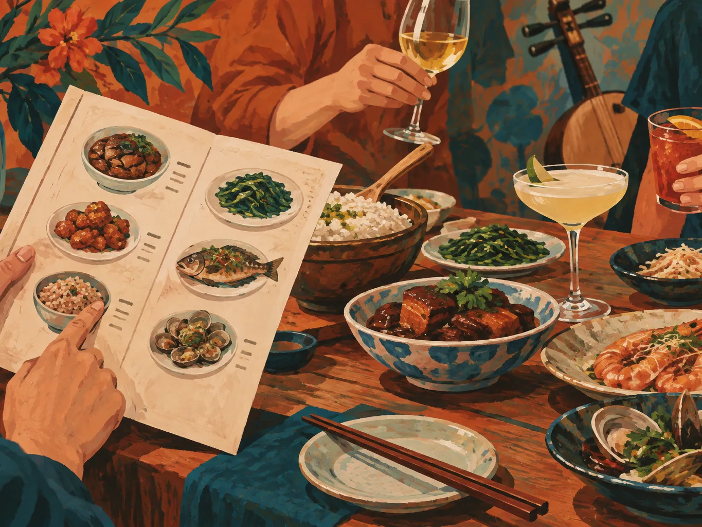 夜間飲食與音樂文化主題插畫。