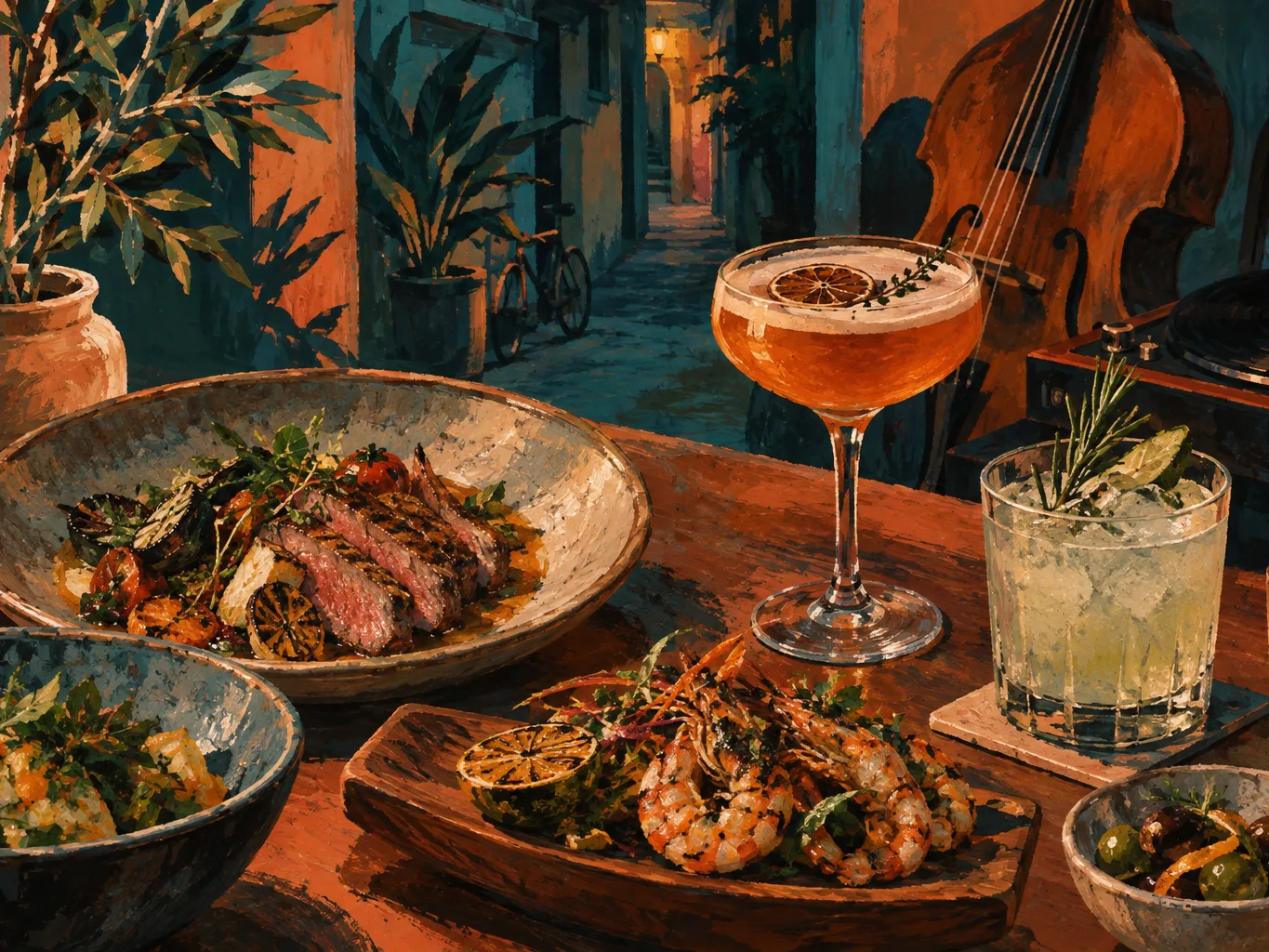 夜間飲食與音樂文化主題插畫。