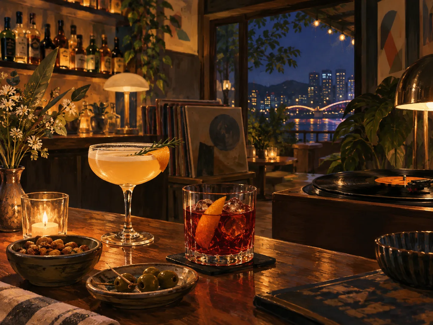 夜間飲食與音樂文化主題插畫。
