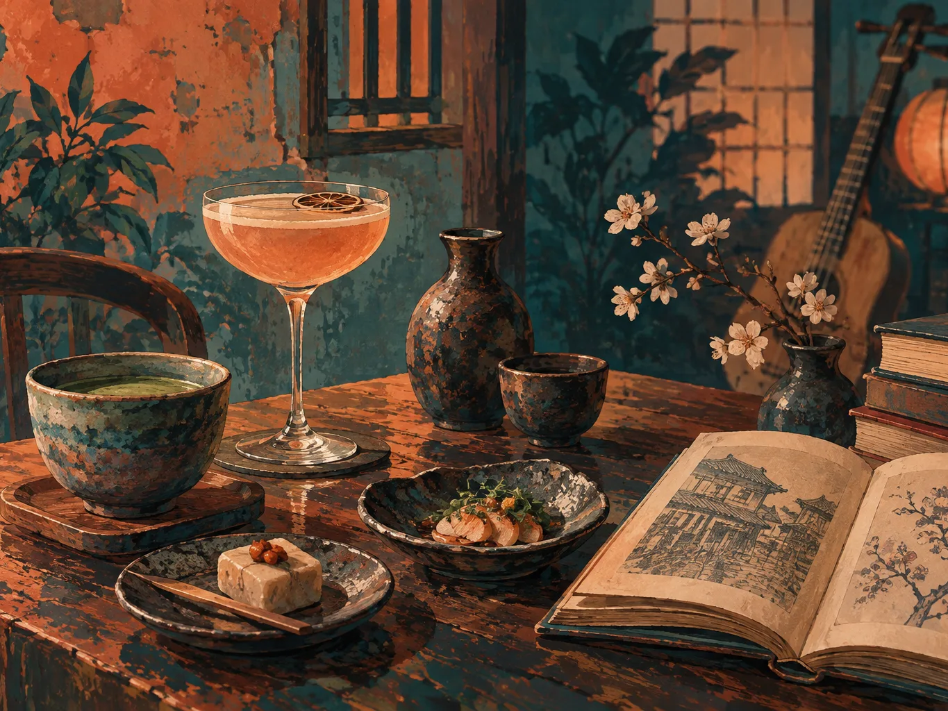 夜間飲食與音樂文化主題插畫。