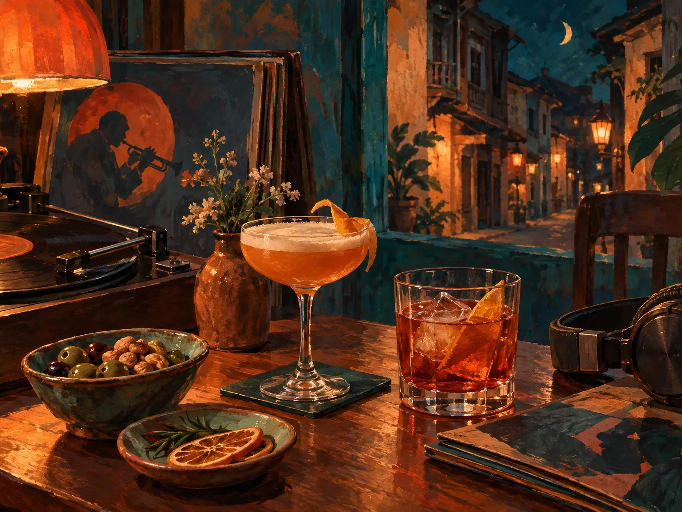 夜間飲食與音樂文化主題插畫。