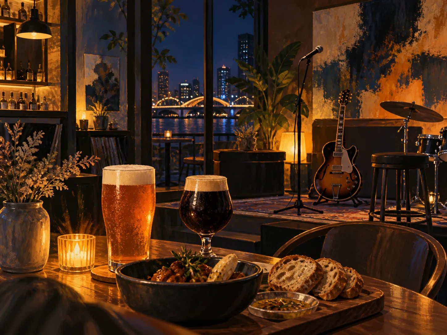 夜間飲食與音樂文化主題插畫。