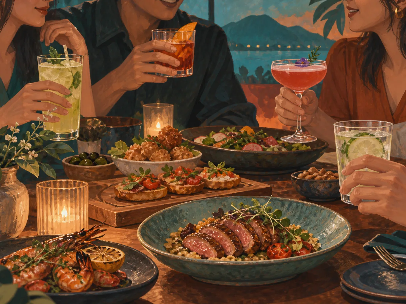 夜間飲食與音樂文化主題插畫。
