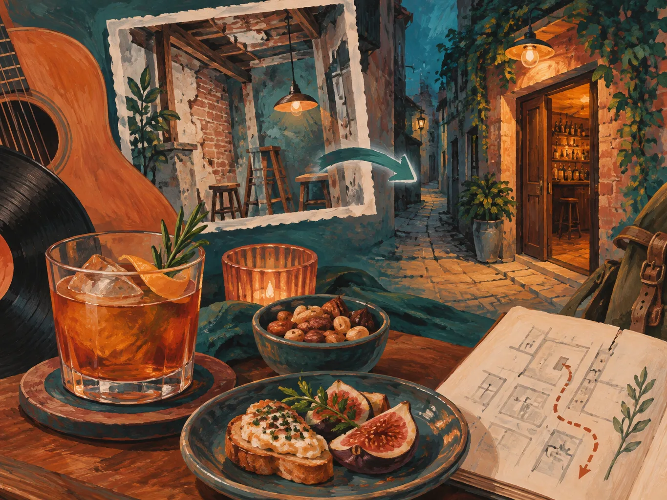 夜間飲食與音樂文化主題插畫。