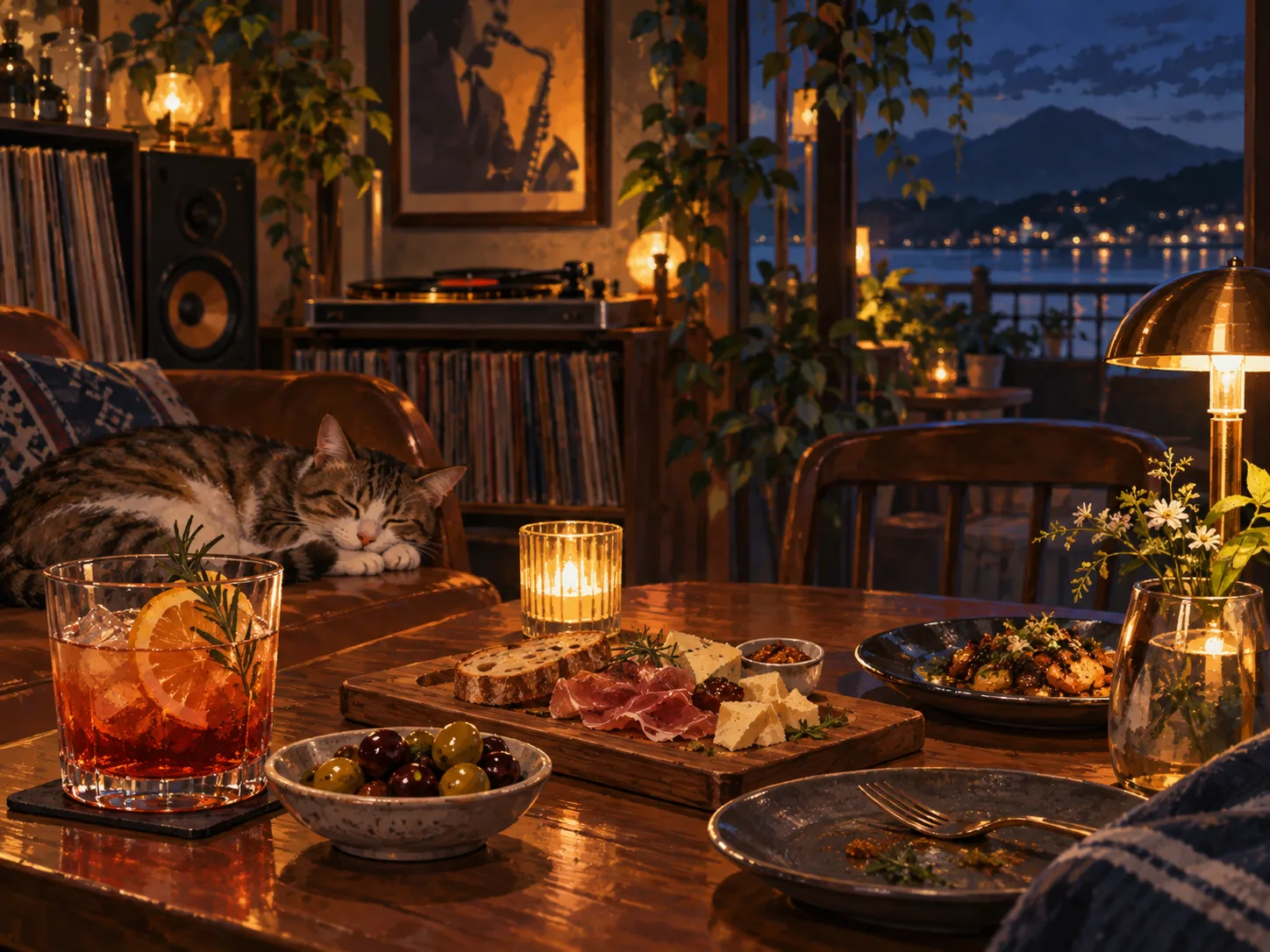 夜間飲食與音樂文化主題插畫。