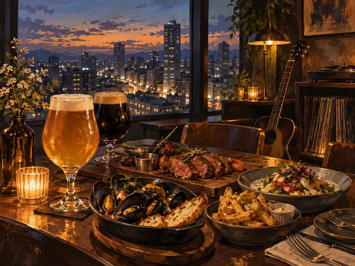 夜間飲食與音樂文化主題插畫。