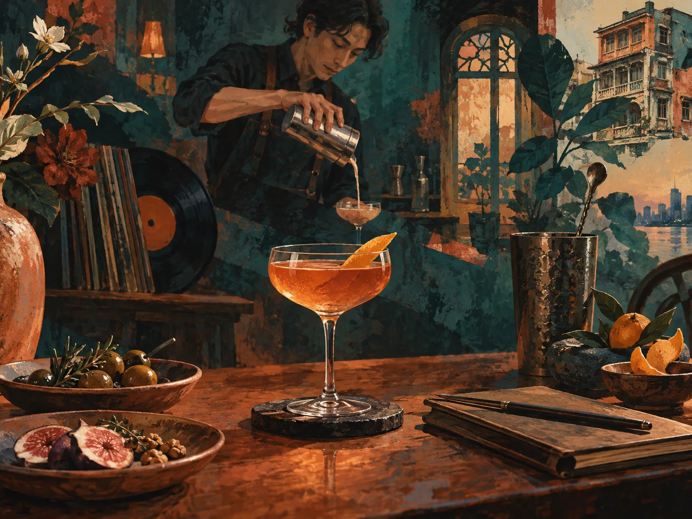 夜間飲食與音樂文化主題插畫。