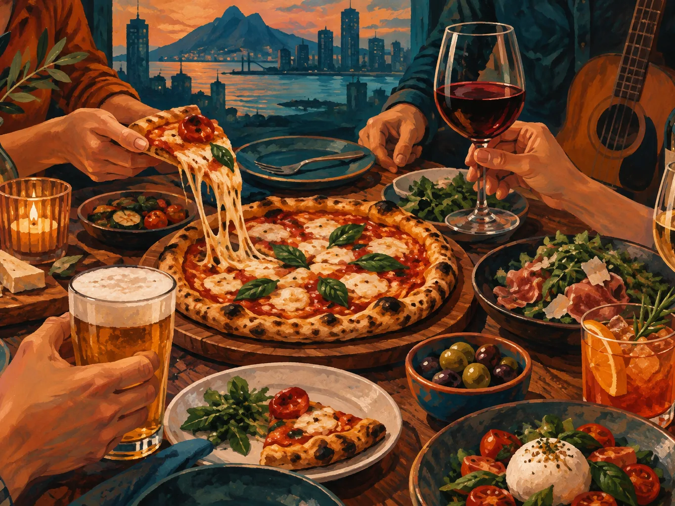夜間飲食與音樂文化主題插畫。