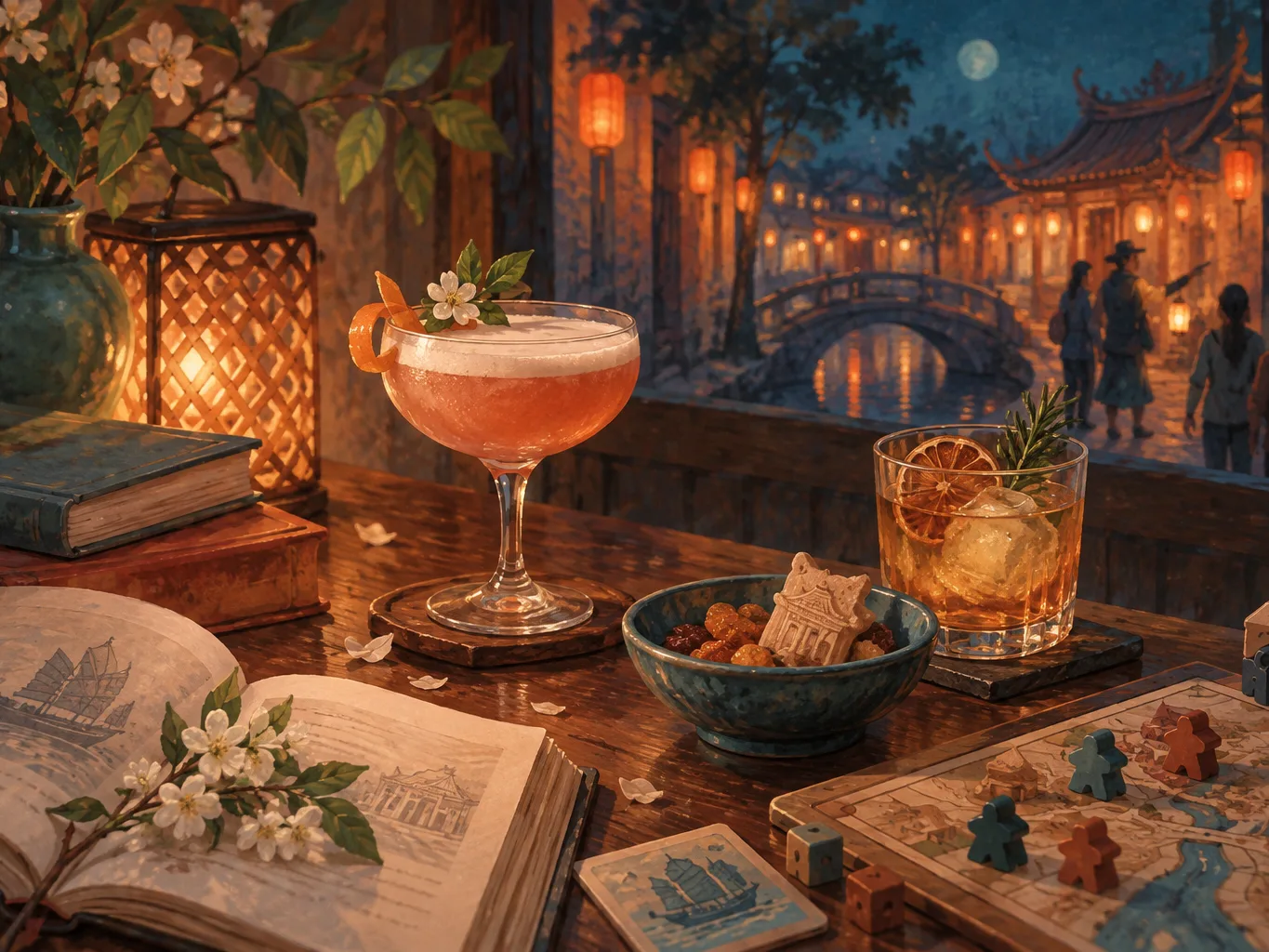 夜間飲食與音樂文化主題插畫。