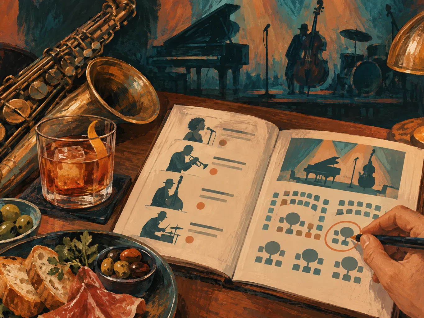 夜間飲食與音樂文化主題插畫。