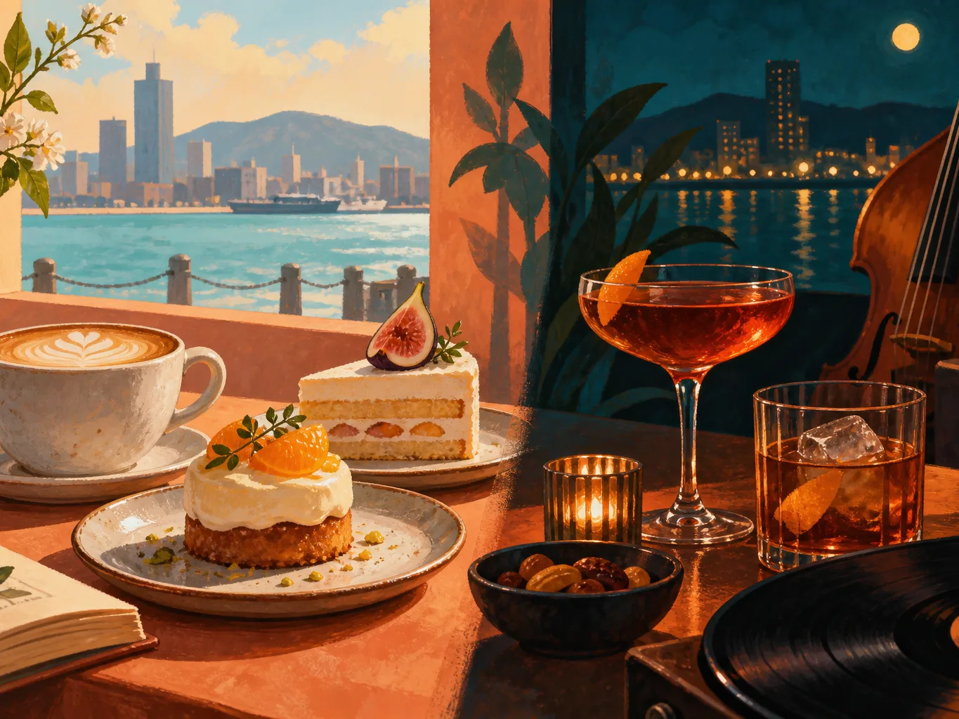 夜間飲食與音樂文化主題插畫。