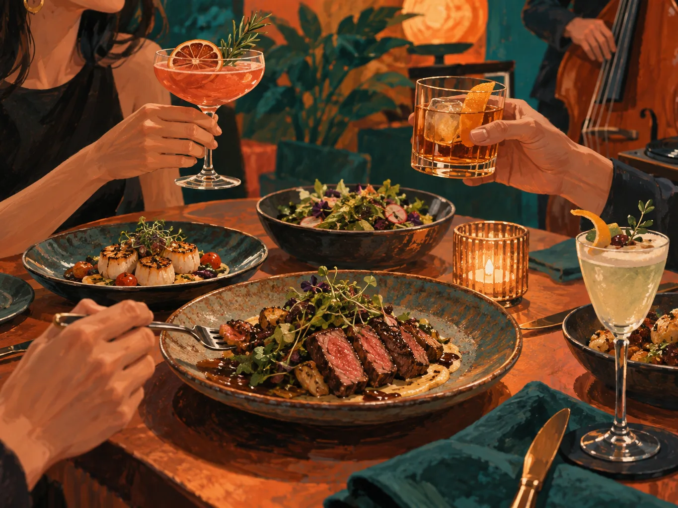 夜間飲食與音樂文化主題插畫。