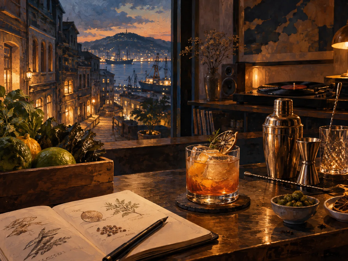 夜間飲食與音樂文化主題插畫。