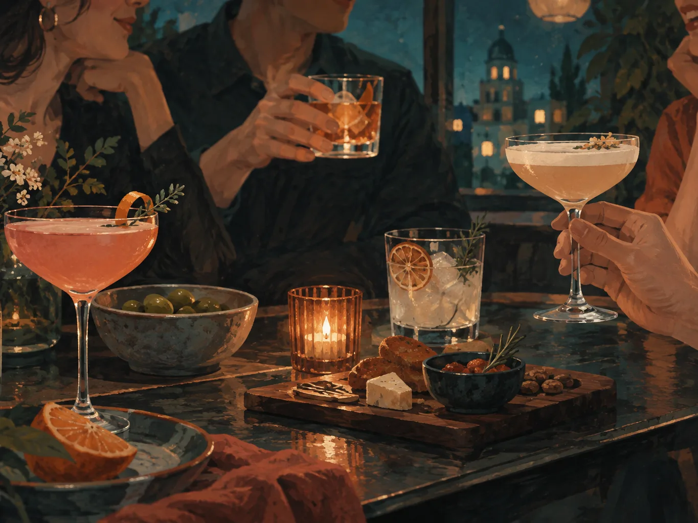 夜間飲食與音樂文化主題插畫。