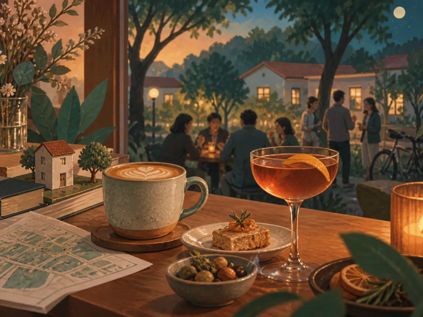 夜間飲食與音樂文化主題插畫。