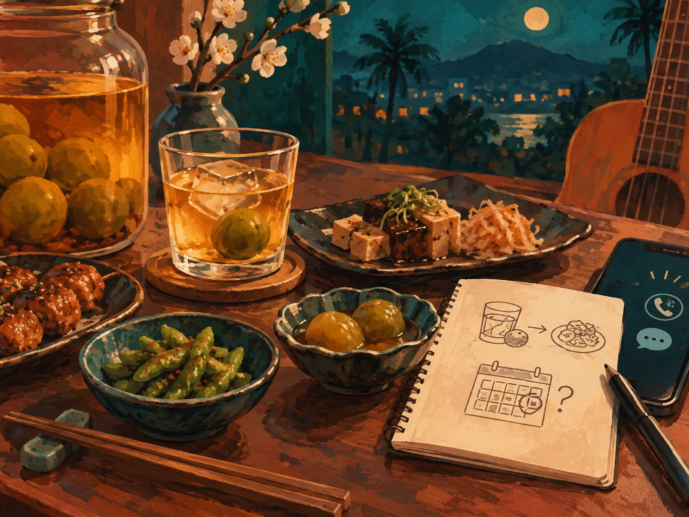 夜間飲食與音樂文化主題插畫。