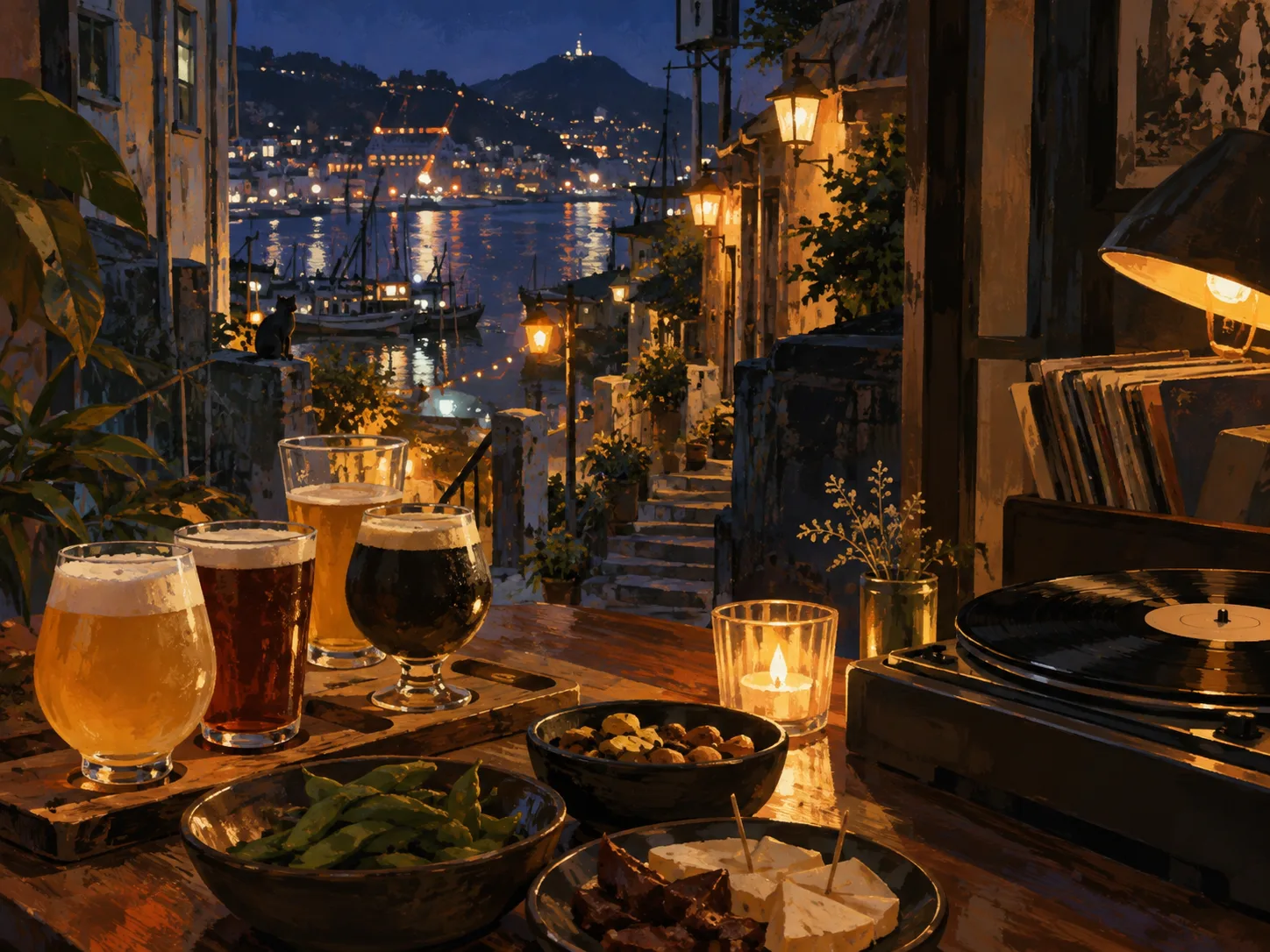 夜間飲食與音樂文化主題插畫。