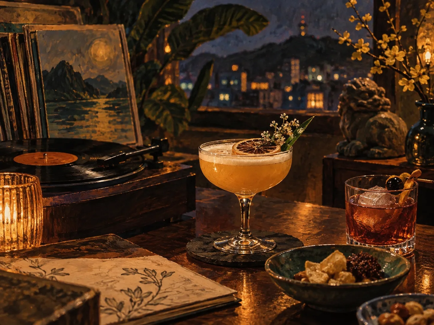 夜間飲食與音樂文化主題插畫。
