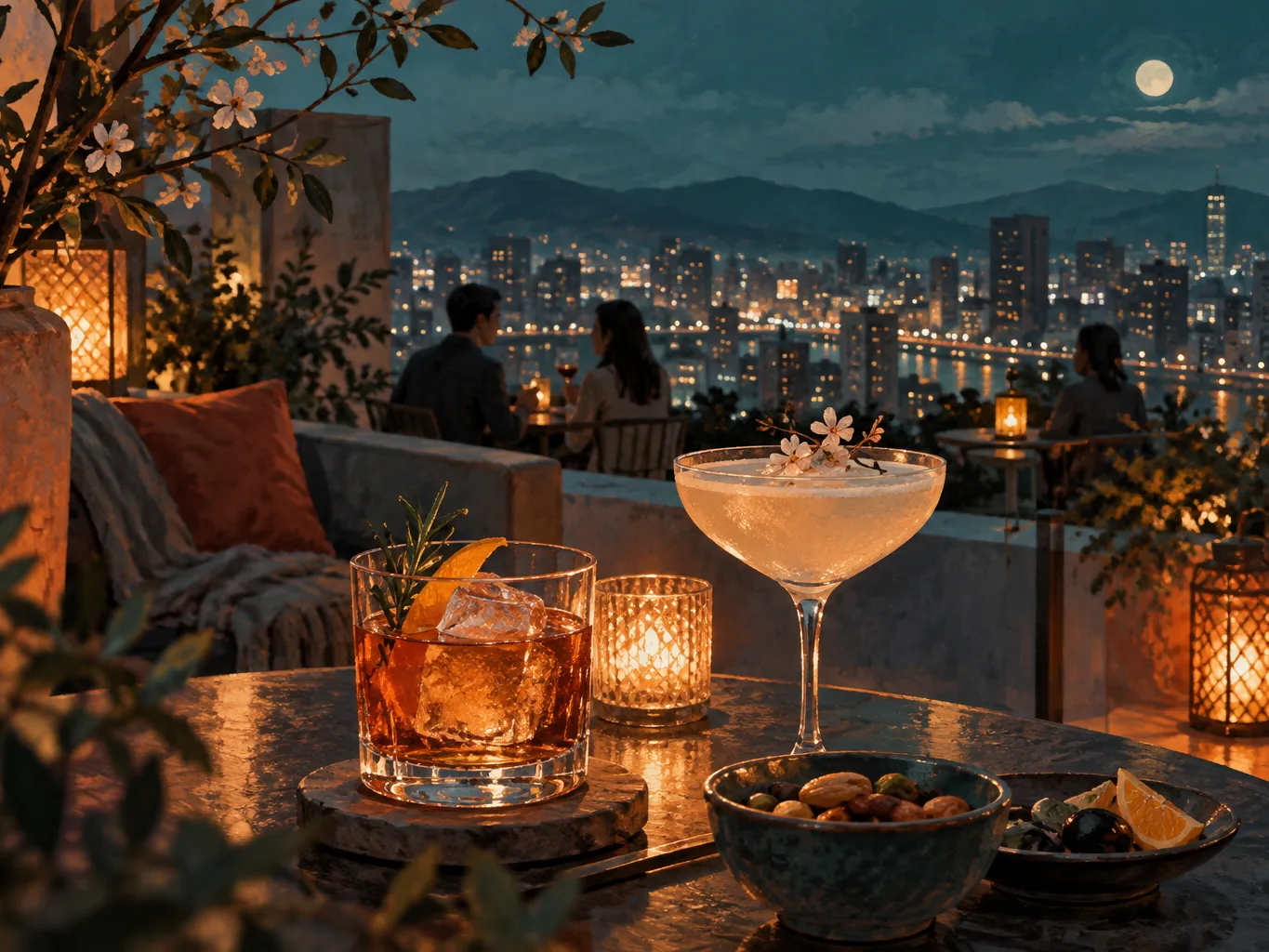 夜間飲食與音樂文化主題插畫。