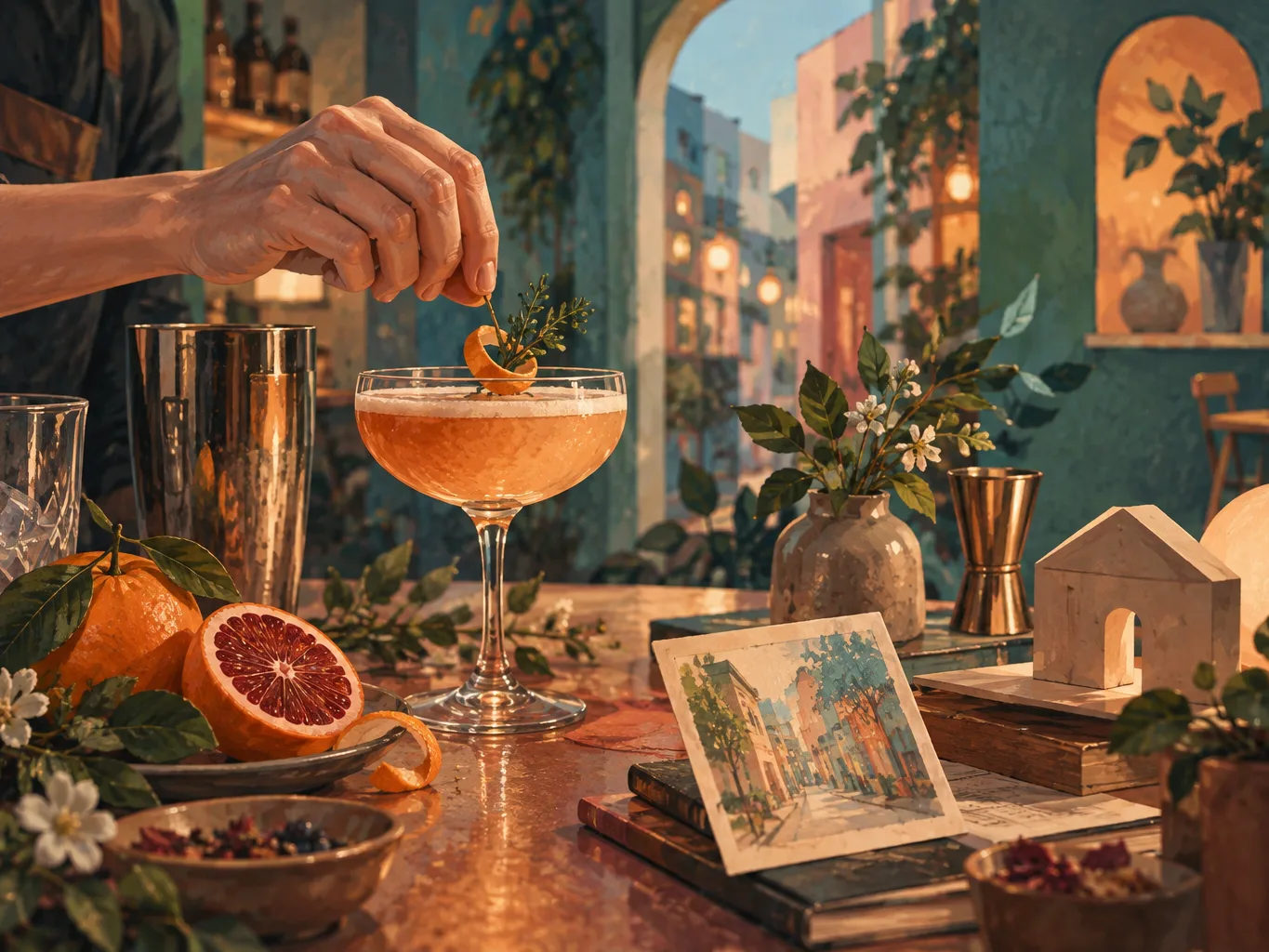 夜間飲食與音樂文化主題插畫。