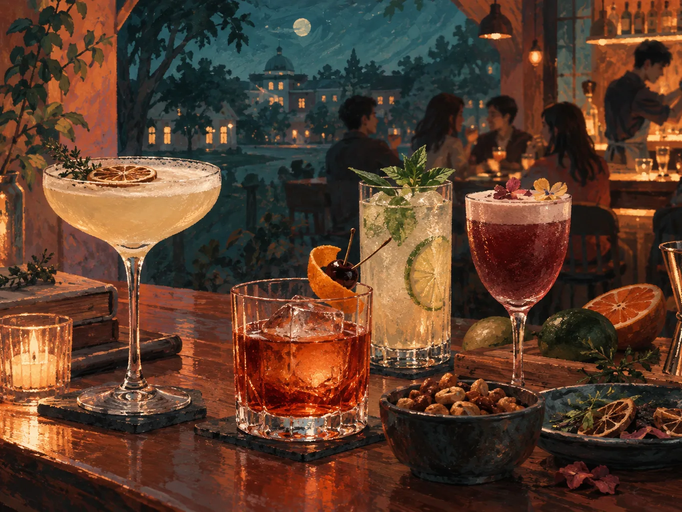 夜間飲食與音樂文化主題插畫。